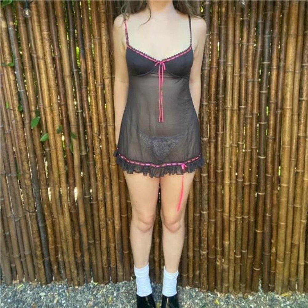 Vintage Victoria's Secret Black and Hot Pink Sheer Mesh Babydoll 34B